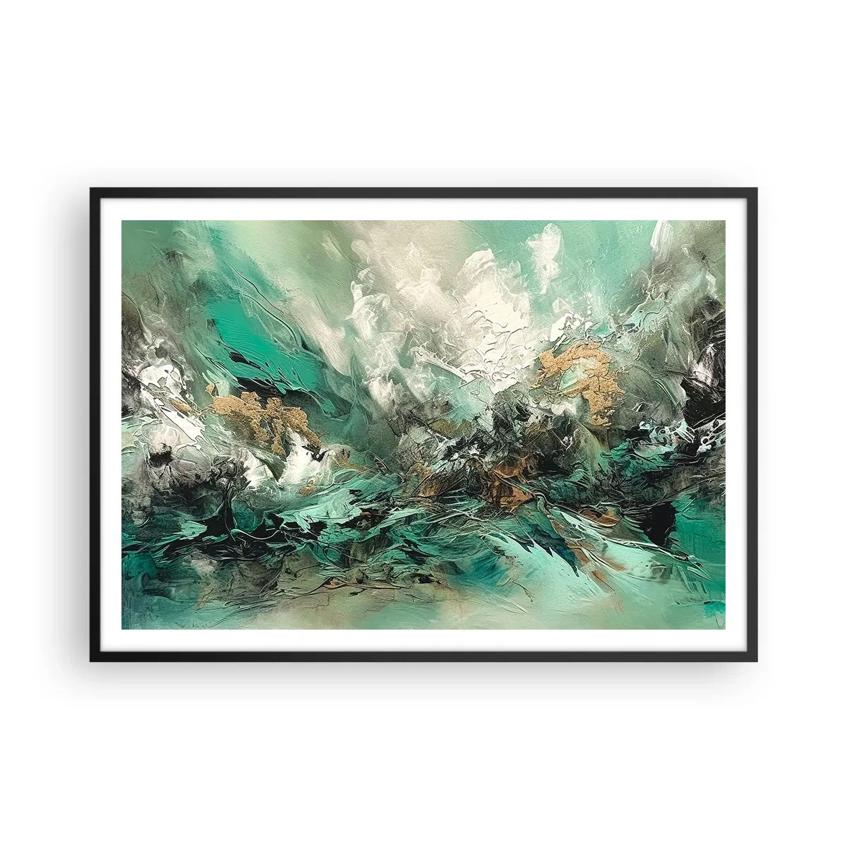 Affiche dans un cadre noir - Poster - Paysage abstrait dans les tons de vert et d'or - 100x70cm - Ressac émeraude et noir - Décoration murale moderne pour le salon et la chambre ARTTOR