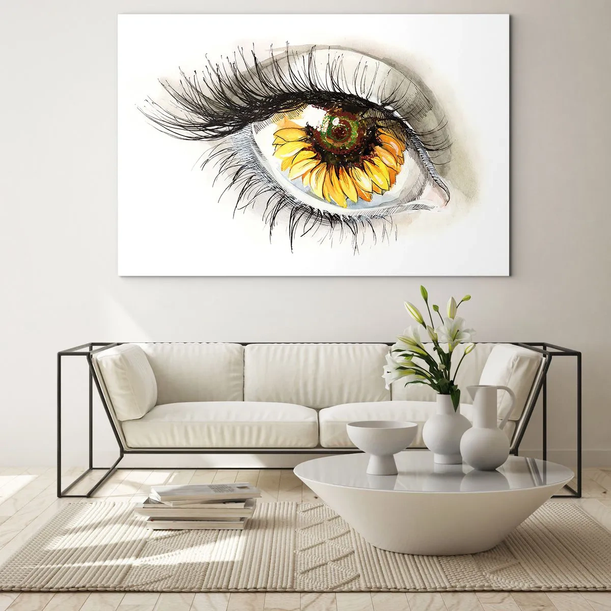 Impression sur verre - Image sur verre - Un œil avec un motif de tournesol entouré de détails délicats - 100x70cm - Un look aussi chaud que l'été - Décoration murale moderne pour le salon et la chambre ARTTOR