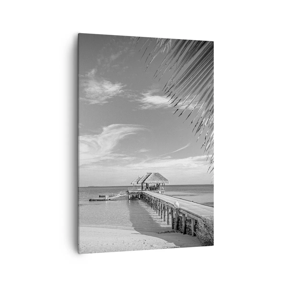 Impression sur toile - Image sur toile - Plage noire et blanche avec jetée et palmiers sur une côte tropicale - 70x100cm - Souvenirs ou rêve? - Décoration murale moderne pour le salon et la chambre ARTTOR