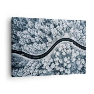 Impression sur toile - Image sur toile - Vue aérienne d'une route sinueuse dans une forêt hivernale - 70x50cm - À travers une forêt d'hiver - Décoration murale moderne pour le salon et la chambre ARTTOR