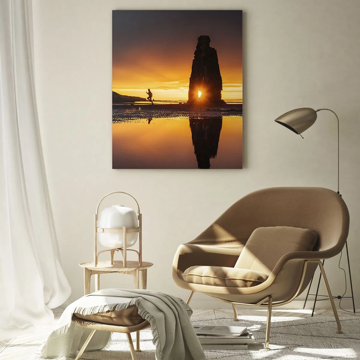 Impression sur verre - Image sur verre - Personne courant sur la plage au coucher du soleil avec formation rocheuse - 80x120cm - Juste vous et la nature - Décoration murale moderne pour le salon et la chambre ARTTOR