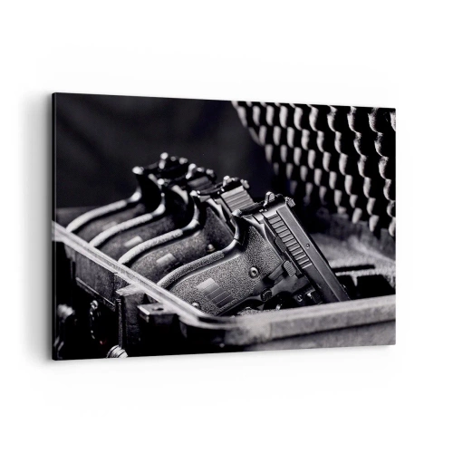 Impression sur toile - Image sur toile - Une image en noir et blanc d'une pile d'armes dans une valise. - 100x70cm - Sport masculin - Décoration murale moderne pour le salon et la chambre ARTTOR