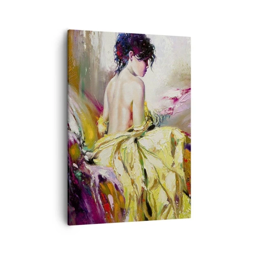 Impression sur toile - Image sur toile - Une scène picturale d'une femme sur un lit dans une atmosphère romantique - 50x70cm - Entre les lèvres et le bord de la tasse - Décoration murale moderne pour le salon et la chambre ARTTOR