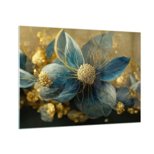 Impression sur verre - Image sur verre - Fleurs bleues et dorées avec une sensation luxueuse - 70x50cm - Fleurir avec de l'or - Décoration murale moderne pour le salon et la chambre ARTTOR