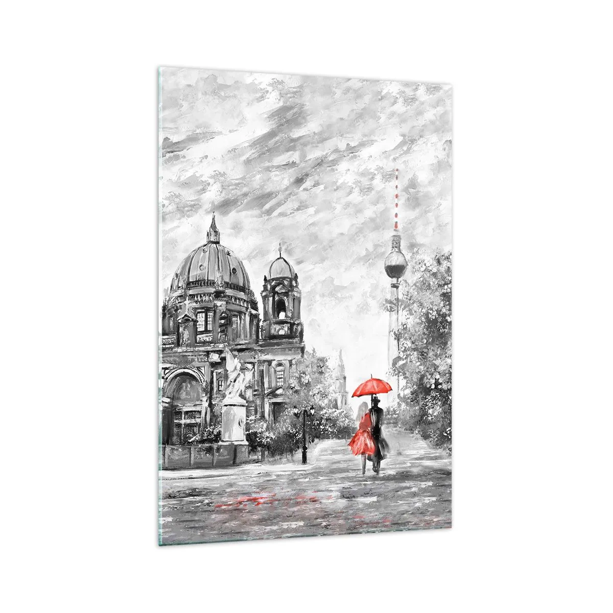 Impression sur verre - Image sur verre - Scène en noir et blanc avec Berlin, un parapluie rouge et un arbre - 70x100cm - Rencontre berlinoise - Décoration murale moderne pour le salon et la chambre ARTTOR