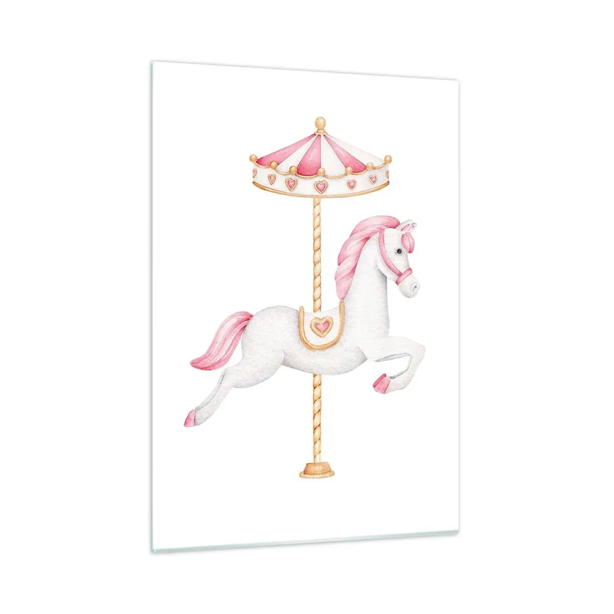 Impression sur verre - Image sur verre - Cheval de carrousel rose et blanc sur fond blanc - 50x70cm - Les sabots en avant - Décoration murale moderne pour le salon et la chambre ARTTOR