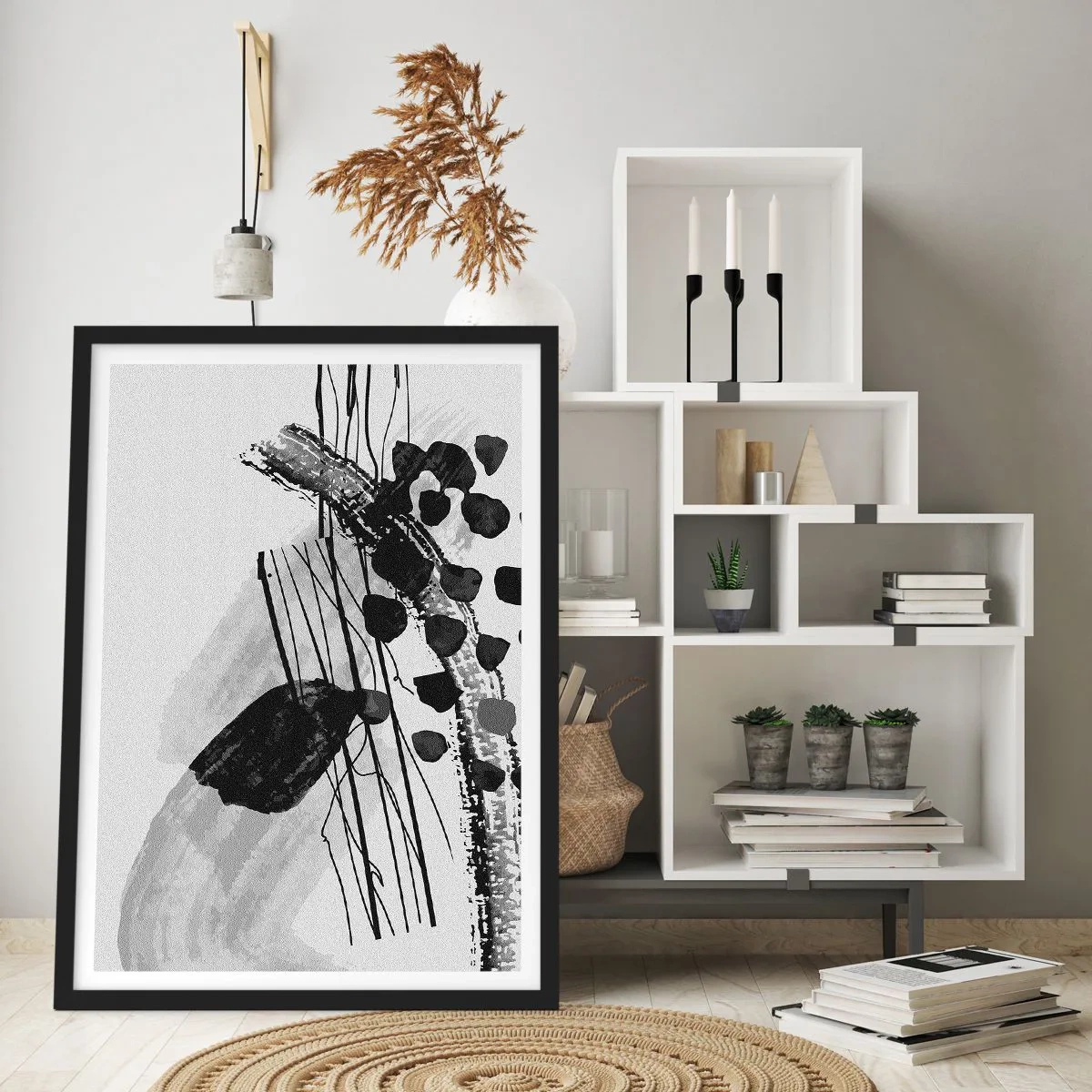 Affiche dans un cadre noir - Poster - Abstraction moderne en noir et blanc avec des lignes dynamiques - 50x70cm - Abstraction organique noir et blanc - Décoration murale moderne pour le salon et la chambre ARTTOR