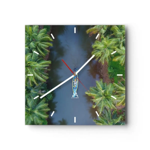 Horloge murale - Pendule murale - Vue aérienne d'un bateau sur une rivière entourée de palmiers - 30x30cm - Sur un sentier tropical - Décoration murale moderne pour le salon et la chambre ARTTOR