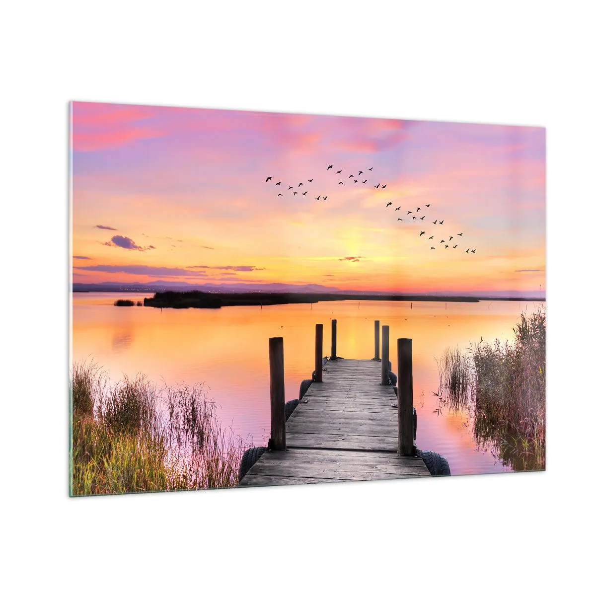 Impression sur verre - Image sur verre - Jetée au bord du lac au coucher du soleil avec des oiseaux dans le ciel - 100x70cm - Aube silencieuse violette - Décoration murale moderne pour le salon et la chambre ARTTOR