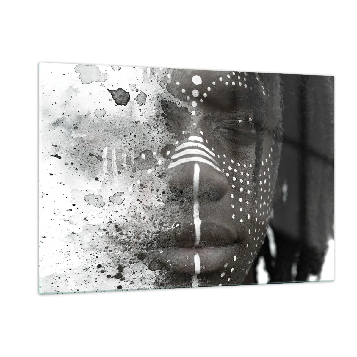 Impression sur verre - Image sur verre - Portrait aux motifs ethniques en noir et blanc avec un effet aquarelle - 120x80cm - Découvrez l'esprit primal - Décoration murale moderne pour le salon et la chambre ARTTOR