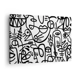 Impression sur toile - Image sur toile - Dessins abstraits en noir et blanc avec des motifs faciaux - 70x50cm - Visages et mirages - Décoration murale moderne pour le salon et la chambre ARTTOR