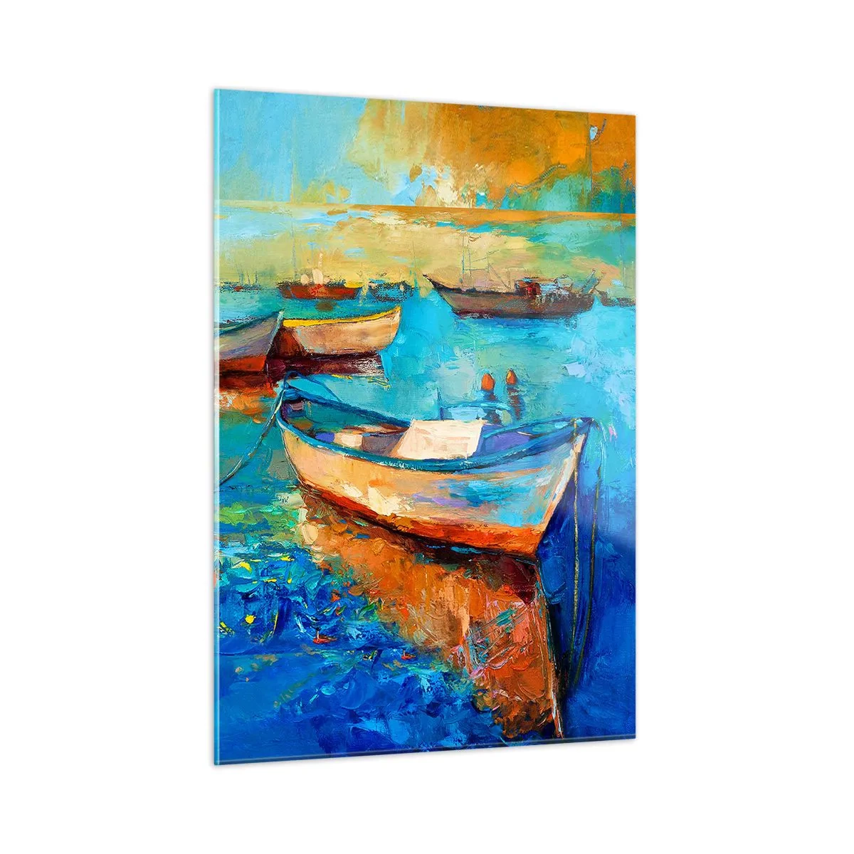 Impression sur verre - Image sur verre - Bateaux colorés sur un fond d'eau calme - 50x70cm - Dans la baie du sud - Décoration murale moderne pour le salon et la chambre ARTTOR