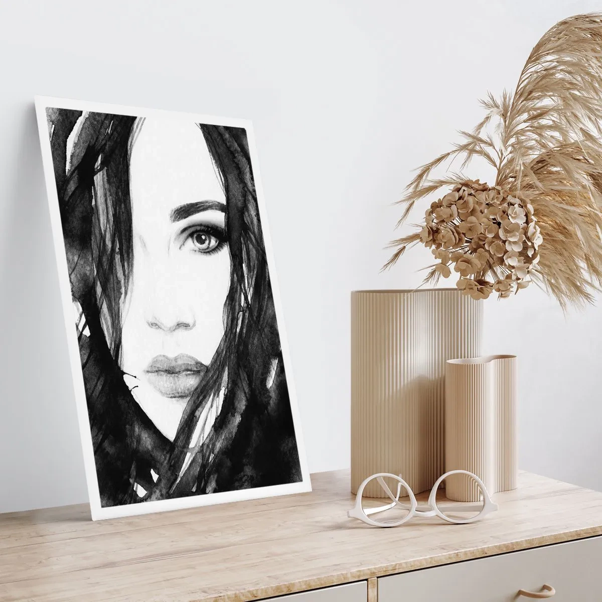 Affiche - Poster - Aquarelle noir et blanc d'un visage de femme - 50x70cm - Portrait d'une dame en noir et blanc - Décoration murale moderne pour le salon et la chambre ARTTOR