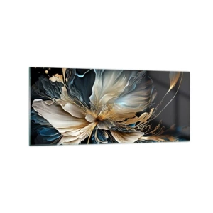 Impression sur verre - Image sur verre - Une fleur dans les tons or et bleu marine sur fond noir - 120x50cm - Fleur de fougère de conte de fées - Décoration murale moderne pour le salon et la chambre ARTTOR