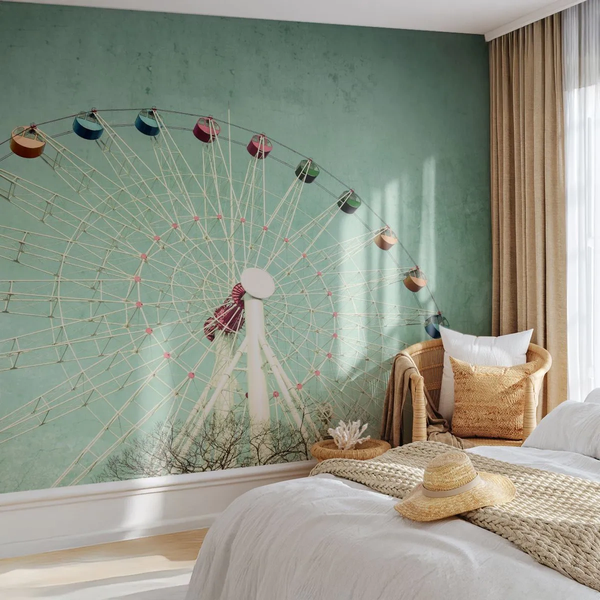 Papier Peint Photo Standard Eco - Une grande roue colorée contre un ciel turquoise - 100x70cm - Nous vous invitons à vous amuser - Décoration murale moderne pour le salon et la chambre ARTTOR