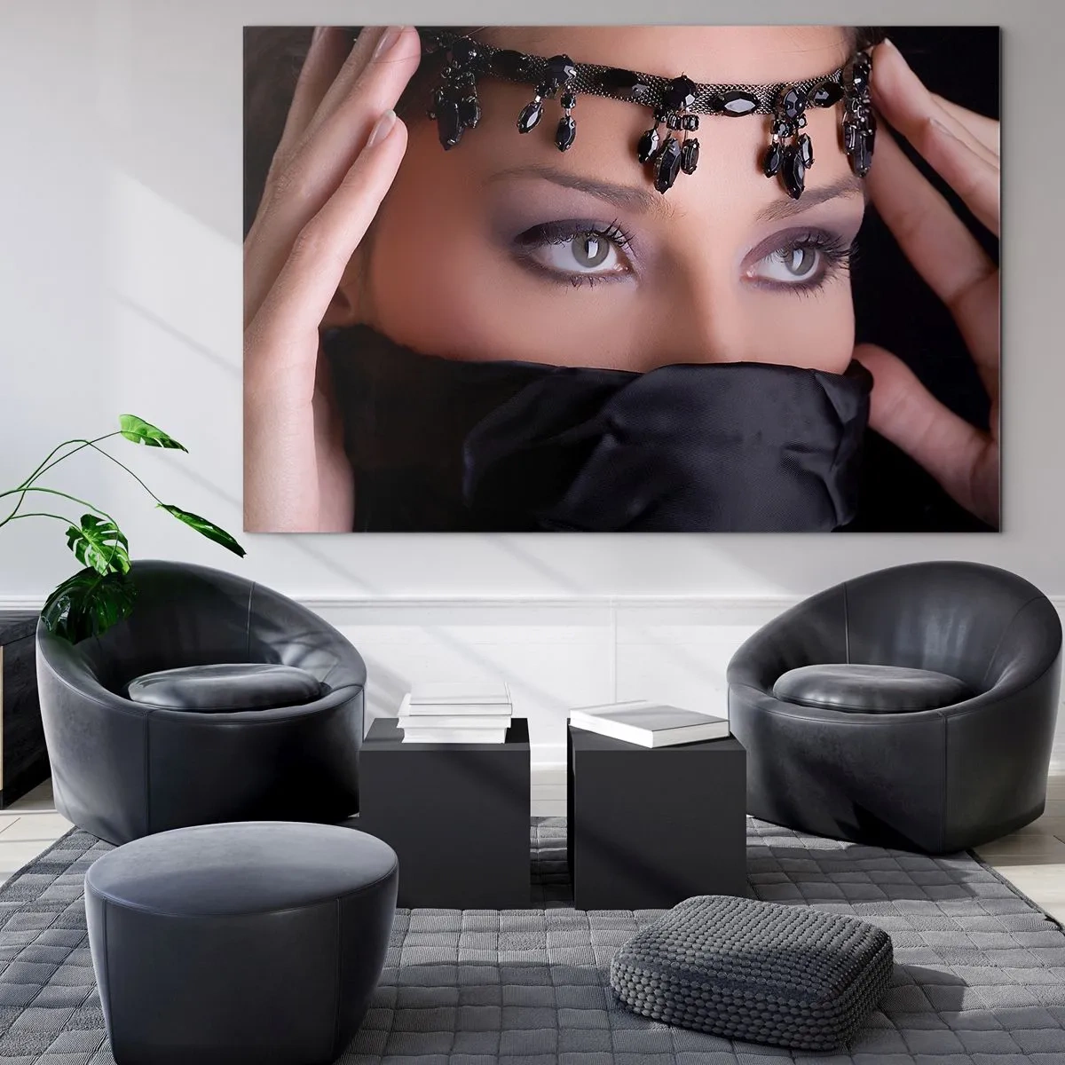 Impression sur verre - Image sur verre - Le visage d'une femme avec un diadème orné et un regard intense - 100x70cm - Tentation de mystère oriental - Décoration murale moderne pour le salon et la chambre ARTTOR