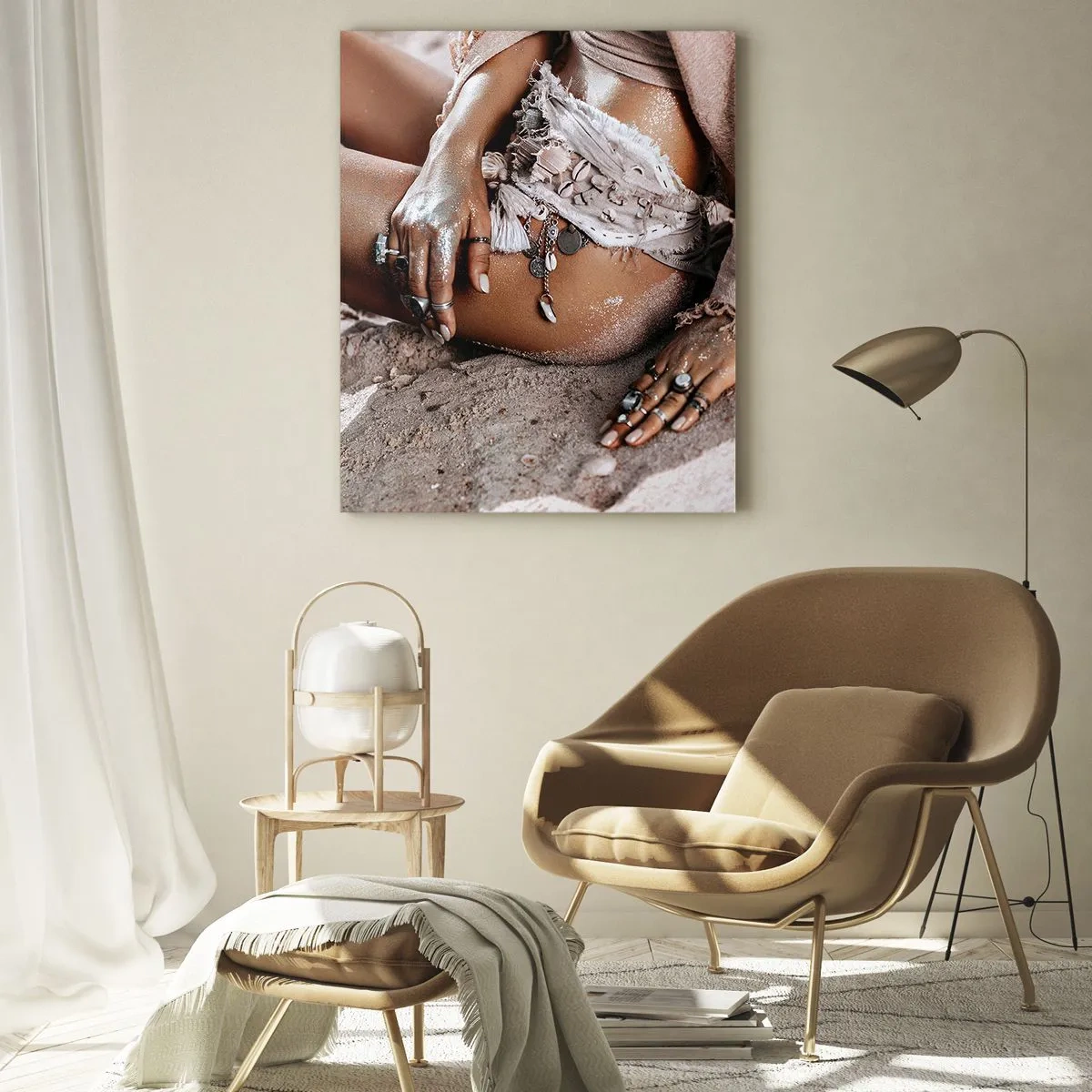 Impression sur verre - Image sur verre - Silhouette féminine sur une plage de sable - 50x70cm - Rejeté par la vague? - Décoration murale moderne pour le salon et la chambre ARTTOR