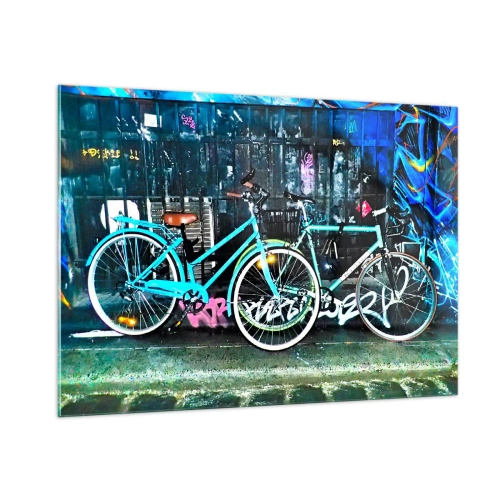 Impression sur verre - Image sur verre - Un vélo de ville sur fond de graffitis et d'ambiance néon - 100x70cm - L'appel de la ville  - Décoration murale moderne pour le salon et la chambre ARTTOR