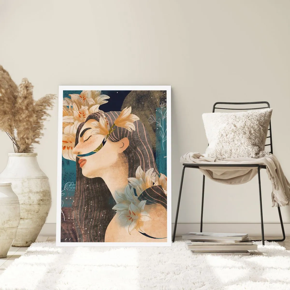 Affiche - Poster - Profil d'une femme entourée de lys sur fond bleu marine - 50x70cm - Conte de fée sur la princesse lilas - Décoration murale moderne pour le salon et la chambre ARTTOR