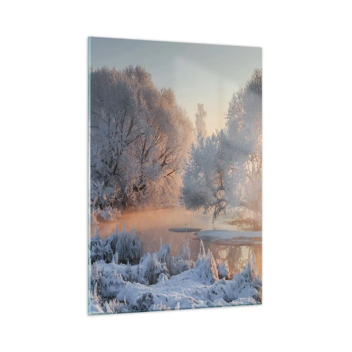 Impression sur verre - Image sur verre - Paysage d'hiver avec un lac gelé et un brouillard matinal - 50x70cm - Tout dans le soleil brille en cristal - Décoration murale moderne pour le salon et la chambre ARTTOR