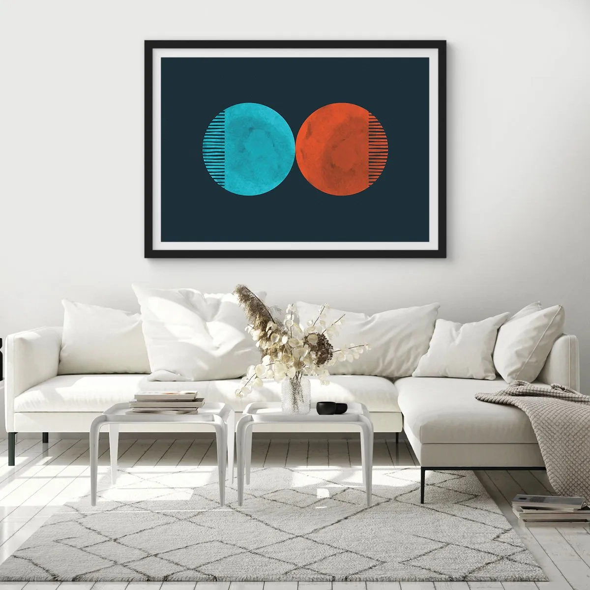 Affiche dans un cadre noir - Poster - Design minimaliste à deux roues en bleu et orange - 70x50cm - Seulement la géométrie ? - Décoration murale moderne pour le salon et la chambre ARTTOR