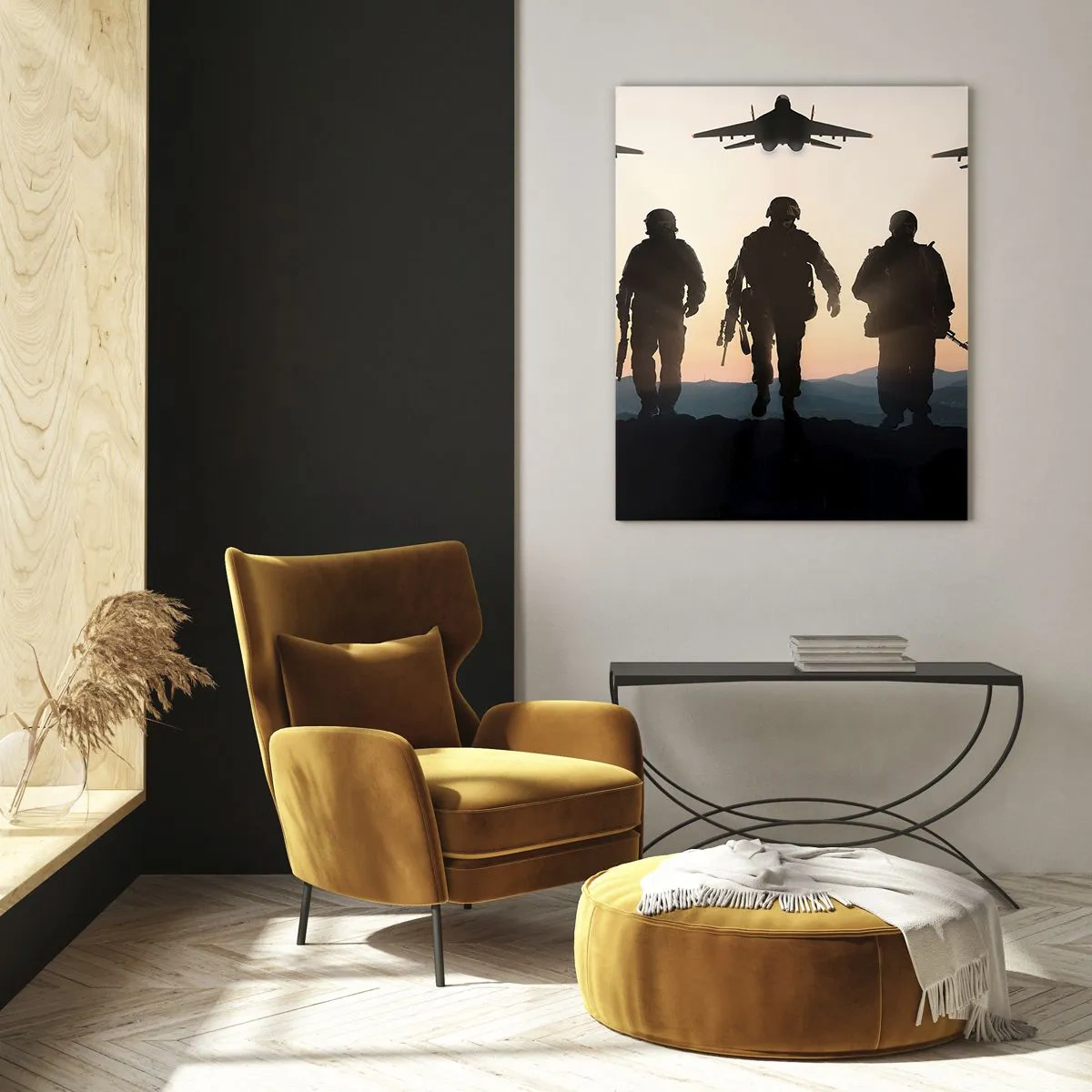 Impression sur verre - Image sur verre - Silhouettes de soldats et d'avions de chasse sur fond de coucher de soleil - 80x120cm - Bienvenue dans notre monde - Décoration murale moderne pour le salon et la chambre ARTTOR