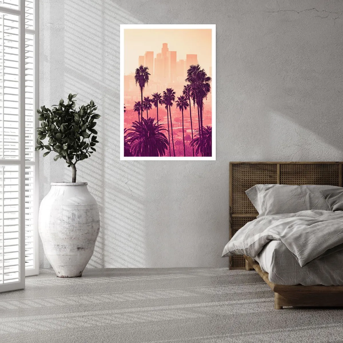 Affiche - Poster - Palmiers sur fond de ville au soleil couchant - 50x70cm - Paysage californien - Décoration murale moderne pour le salon et la chambre ARTTOR