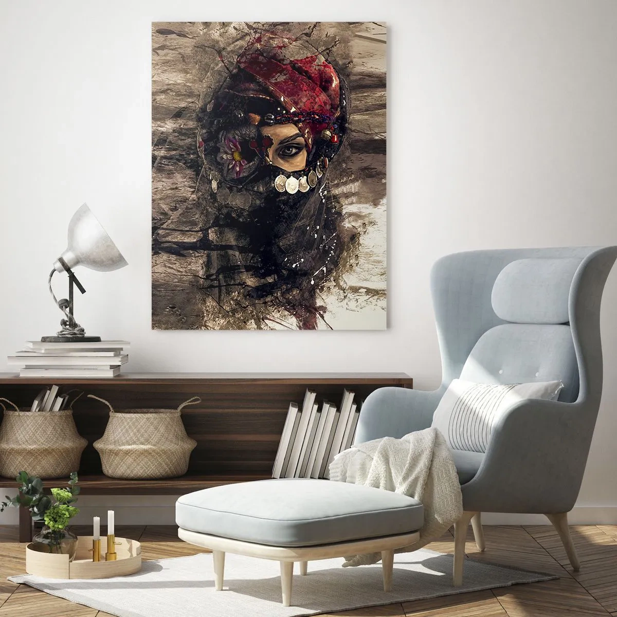 Impression sur verre - Image sur verre - Portrait artistique d'une femme en tenue orientale sur fond abstrait. - 70x100cm - Inquiétant, c'est le moins qu'on puisse dire - Décoration murale moderne pour le salon et la chambre ARTTOR