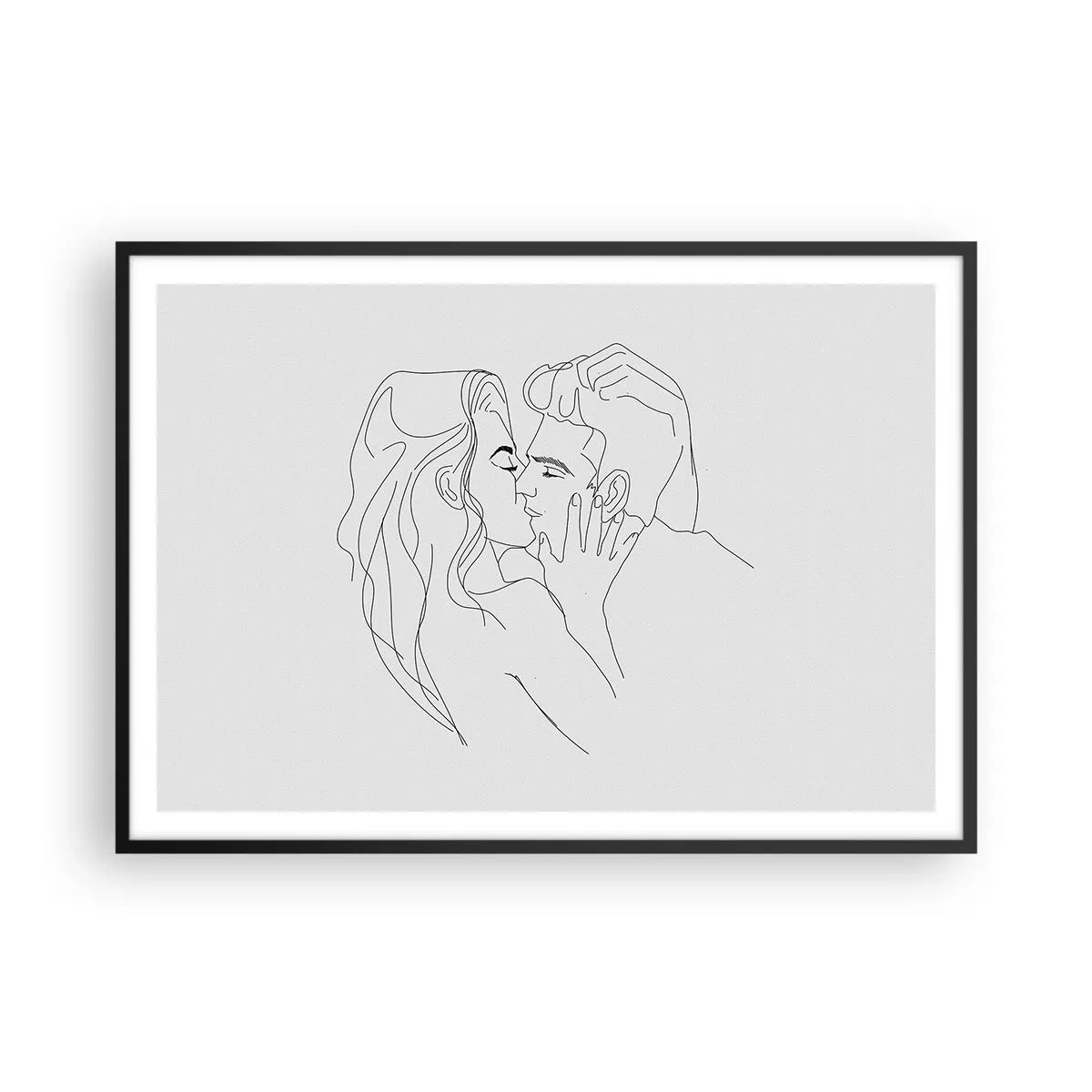 Affiche dans un cadre noir - Poster - Le contour d'un couple s'embrassant sur un fond clair - 100x70cm - La même ligne - Décoration murale moderne pour le salon et la chambre ARTTOR
