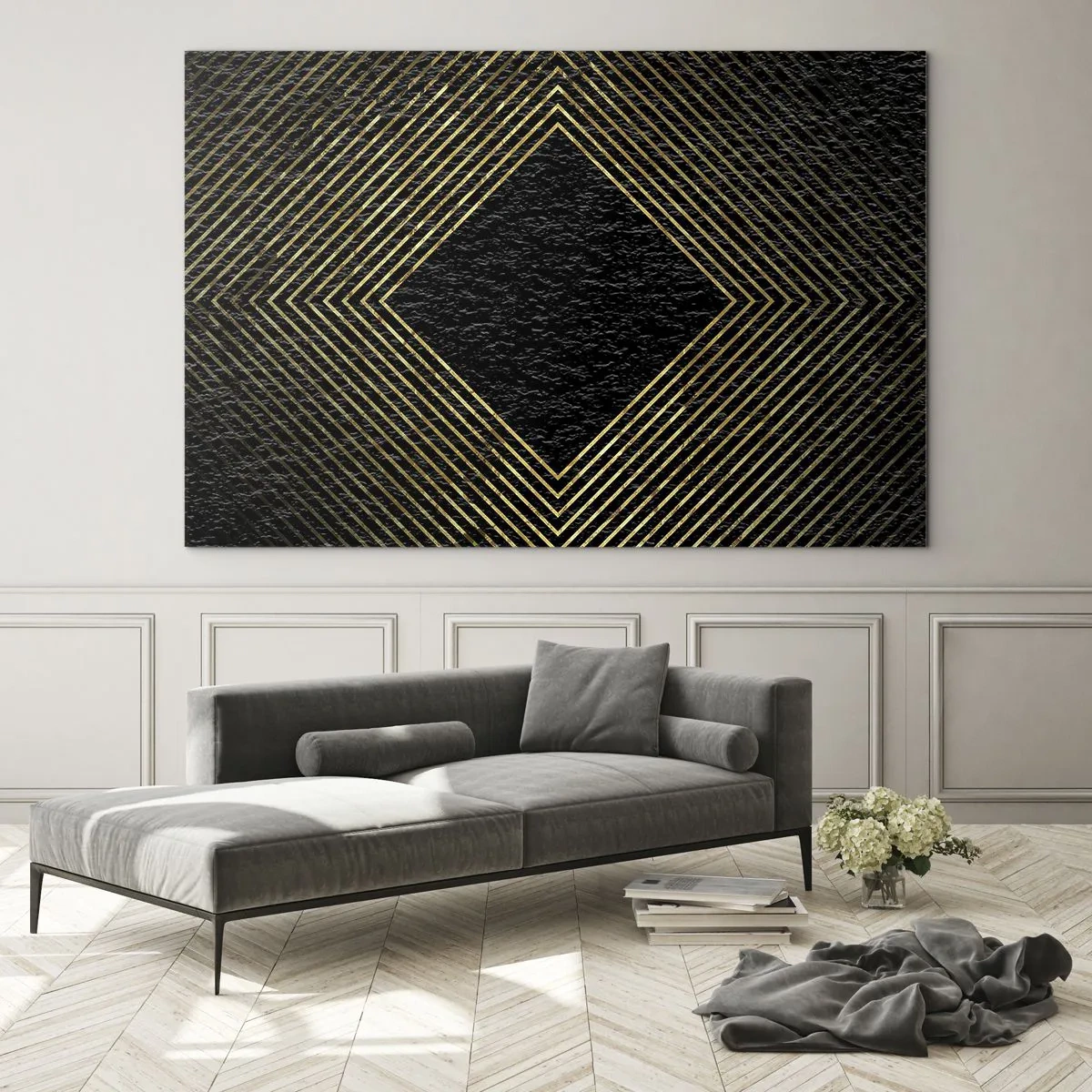 Impression sur verre - Image sur verre - Diamant en or avec des lignes géométriques sur fond noir - 120x80cm - Géométrie dans un style glamour - Décoration murale moderne pour le salon et la chambre ARTTOR