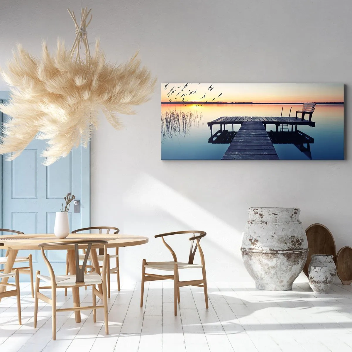 Impression sur toile - Image sur toile - Jetée en bois sur un lac au lever du soleil avec des oiseaux - 140x50cm - C'était une bonne journée - Décoration murale moderne pour le salon et la chambre ARTTOR