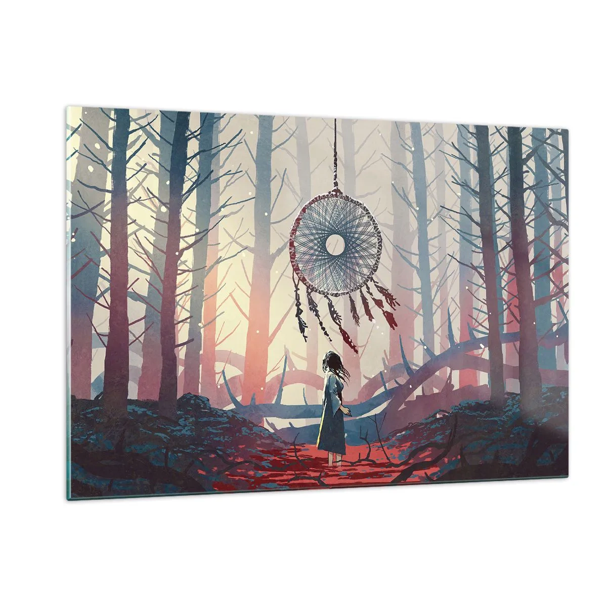 Impression sur verre - Image sur verre - Une silhouette dans la forêt regarde un grand attrape-rêves flottant dans les airs. - 120x80cm - Rituel secret du bonheur - Décoration murale moderne pour le salon et la chambre ARTTOR