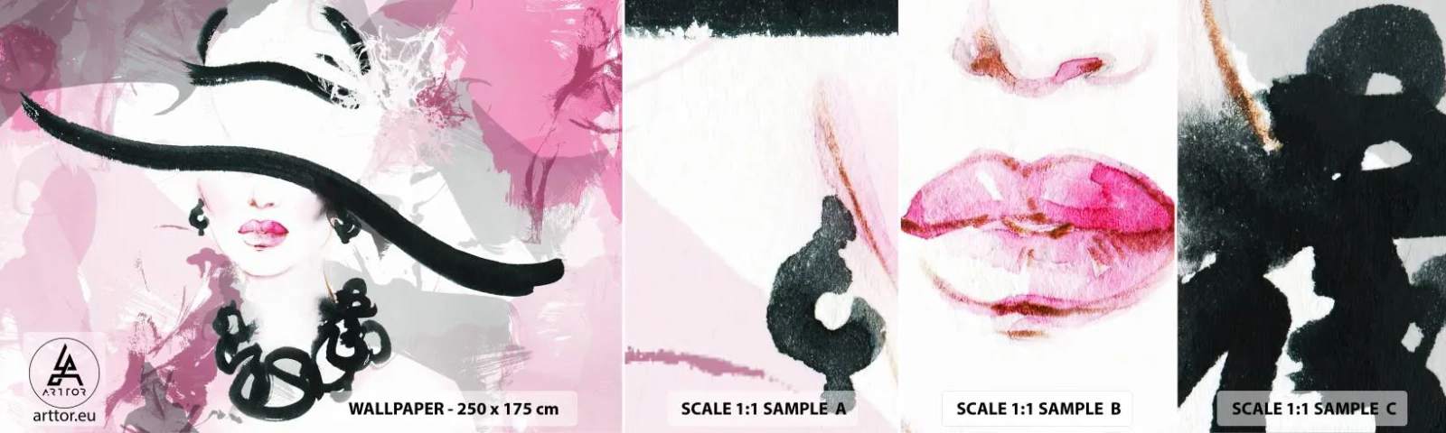 Échantillon de Papier Peint Autocollant Deluxe Sticker - Portrait d'une dame en noir et rose - Femme, Visage de femme, Abstraction - 100x30 cm