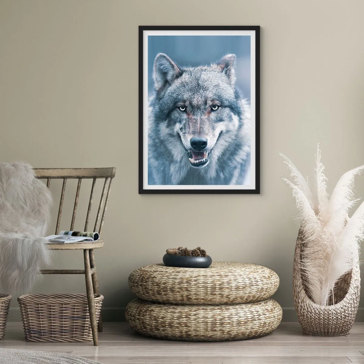 Affiche dans un cadre noir - Poster - Portrait d'un loup dans un paysage hivernal - 50x70cm - Relèverez-vous le défi ? - Décoration murale moderne pour le salon et la chambre ARTTOR