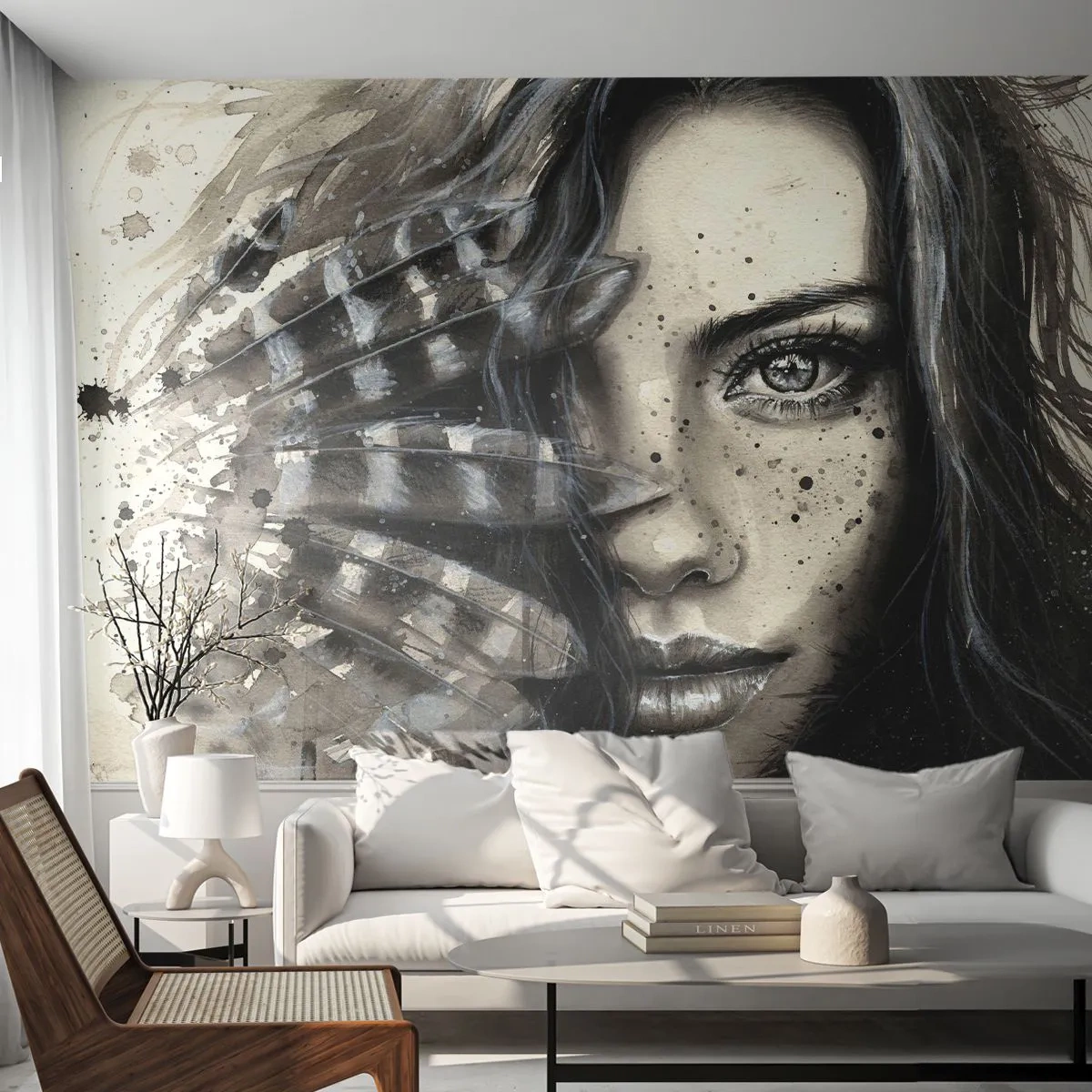 Papier Peint Photo Premium Sand - Beauté sauvage - Femme, Plumes d'oiseaux, Graphique - 300x210 cm