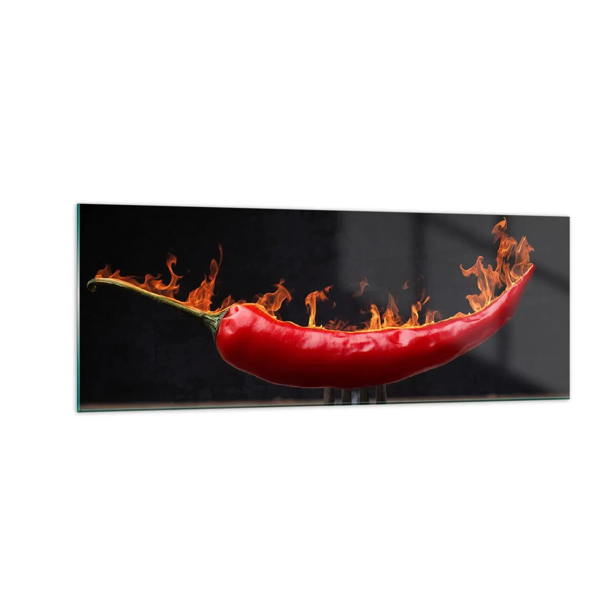 Impression sur verre - Image sur verre - Poivron rouge flamboyant sur une fourchette - 140x50cm - Un apéritif enflammé - Décoration murale moderne pour le salon et la chambre ARTTOR