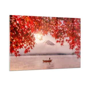 Impression sur verre - Image sur verre - Mont Fuji avec un bateau sur un lac entouré de feuilles rouges - 120x80cm - Dans le climat japonais - Décoration murale moderne pour le salon et la chambre ARTTOR