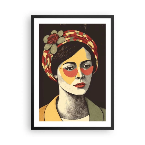 Affiche dans un cadre noir - Poster - Portrait stylisé d'une femme portant un turban avec un accent floral - 50x70cm - Dame Corail - Décoration murale moderne pour le salon et la chambre ARTTOR
