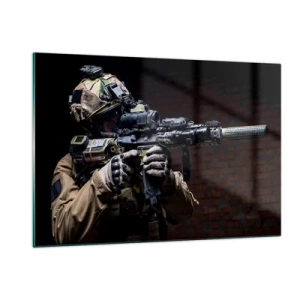 Impression sur verre - Image sur verre - Un soldat en équipement complet avec un fusil contre un mur de briques - 120x80cm - Meurtrier efficace - Décoration murale moderne pour le salon et la chambre ARTTOR