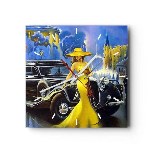Horloge murale - Pendule murale - Une femme en robe jaune avec un violon à côté d'une voiture rétro. - 30x30cm - Nocturne pour violon et amour - Décoration murale moderne pour le salon et la chambre ARTTOR