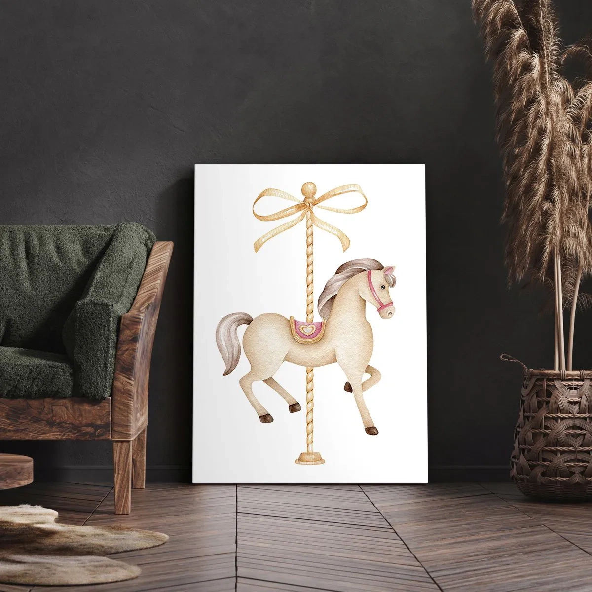 Impression sur toile - Image sur toile - Un cheval de carrousel avec un arc dans des pastels délicats - 80x120cm - Un trot gracieux - Décoration murale moderne pour le salon et la chambre ARTTOR