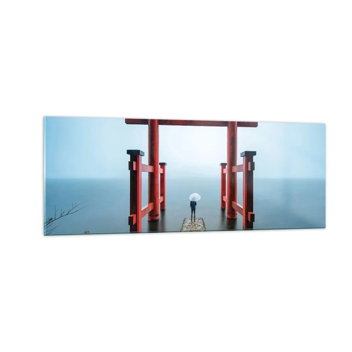 Impression sur verre - Image sur verre - Un portail torii surplombant un lac tranquille au Japon - 140x50cm - Rêverie japonnaise - Décoration murale moderne pour le salon et la chambre ARTTOR