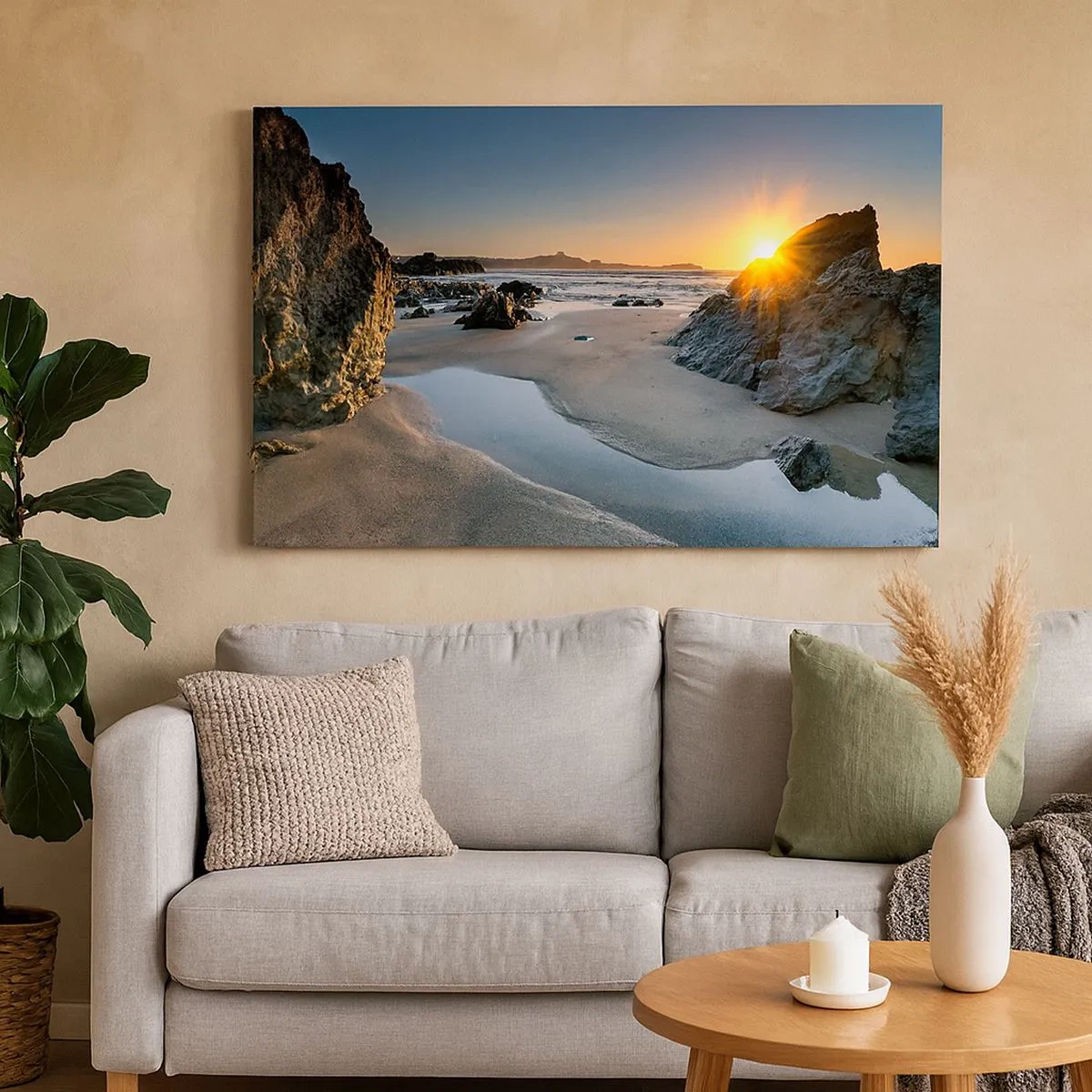 Impression sur toile - Image sur toile - Coucher de soleil pittoresque sur une plage rocheuse - 70x50cm - Intouché par la main de l'homme - Décoration murale moderne pour le salon et la chambre ARTTOR