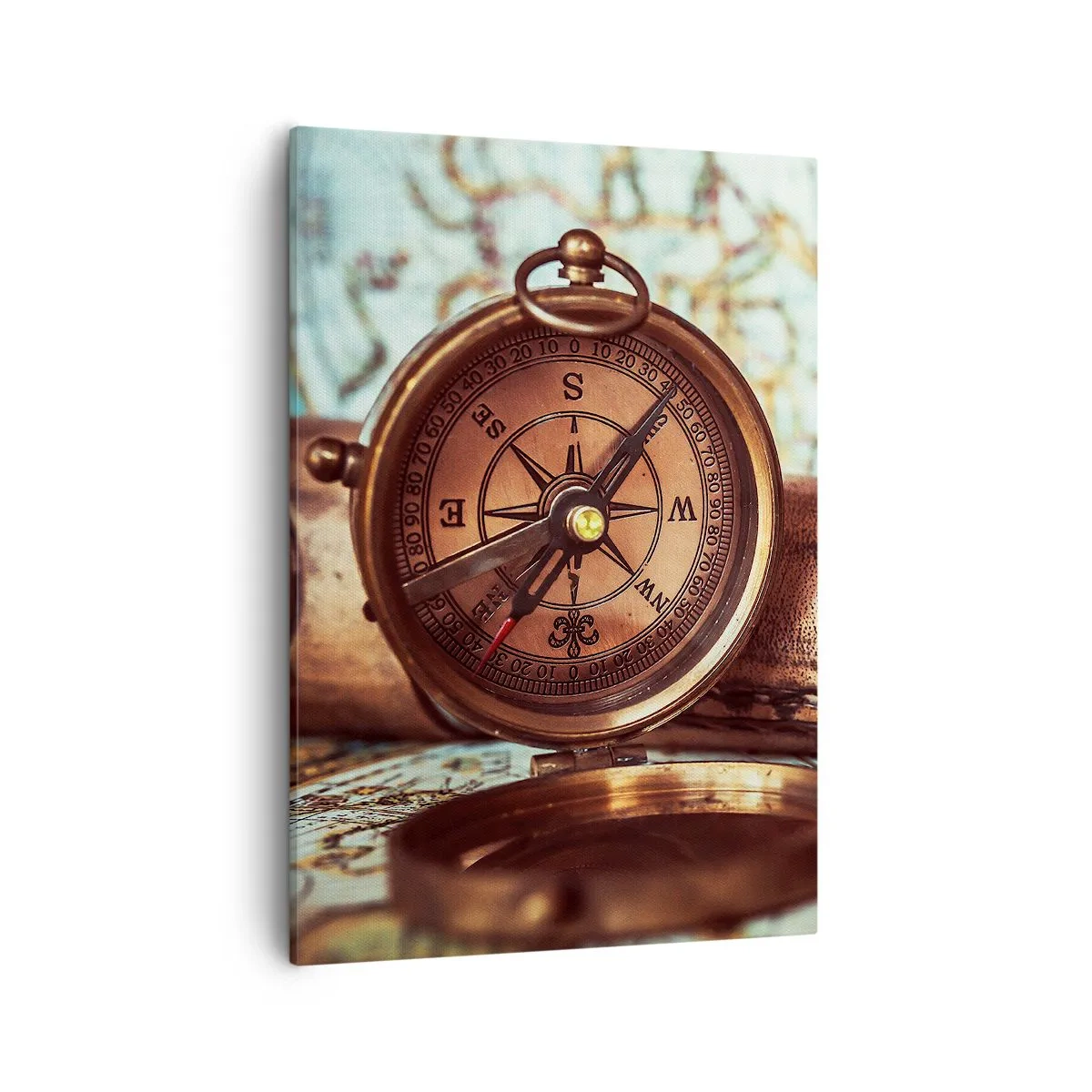 Impression sur toile - Image sur toile - Un ensemble rétro avec une boussole, un télescope et une carte sur le thème du voyage - 50x70cm - Une aventure de pirates dans les Caraïbes vous attend - Décoration murale moderne pour le salon et la chambre ARTTOR