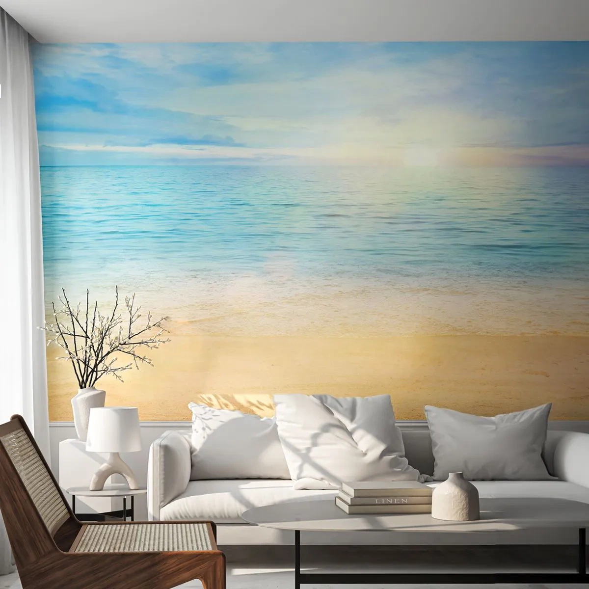 Papier Peint Photo Premium Sand - Une plage tranquille le matin avec vue sur la mer bleue - 100x70cm - Le grand bleu - Décoration murale moderne pour le salon et la chambre ARTTOR