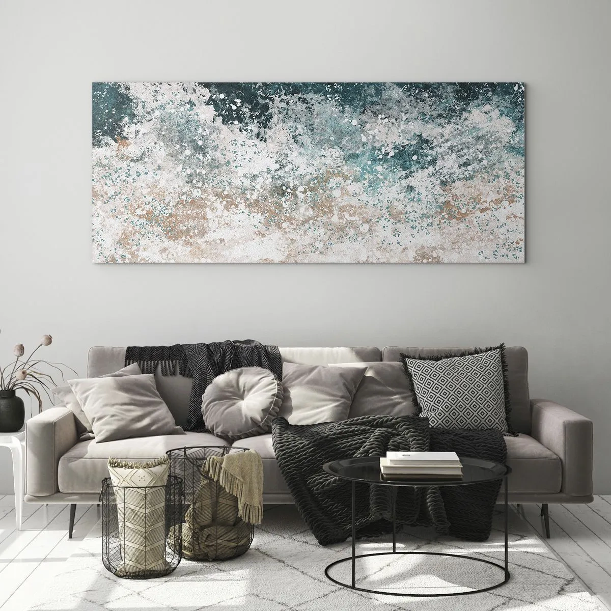 Impression sur verre - Image sur verre - Vague de mer abstraite dans des tons turquoise et beige - 140x50cm - Histoires de la mer - Décoration murale moderne pour le salon et la chambre ARTTOR