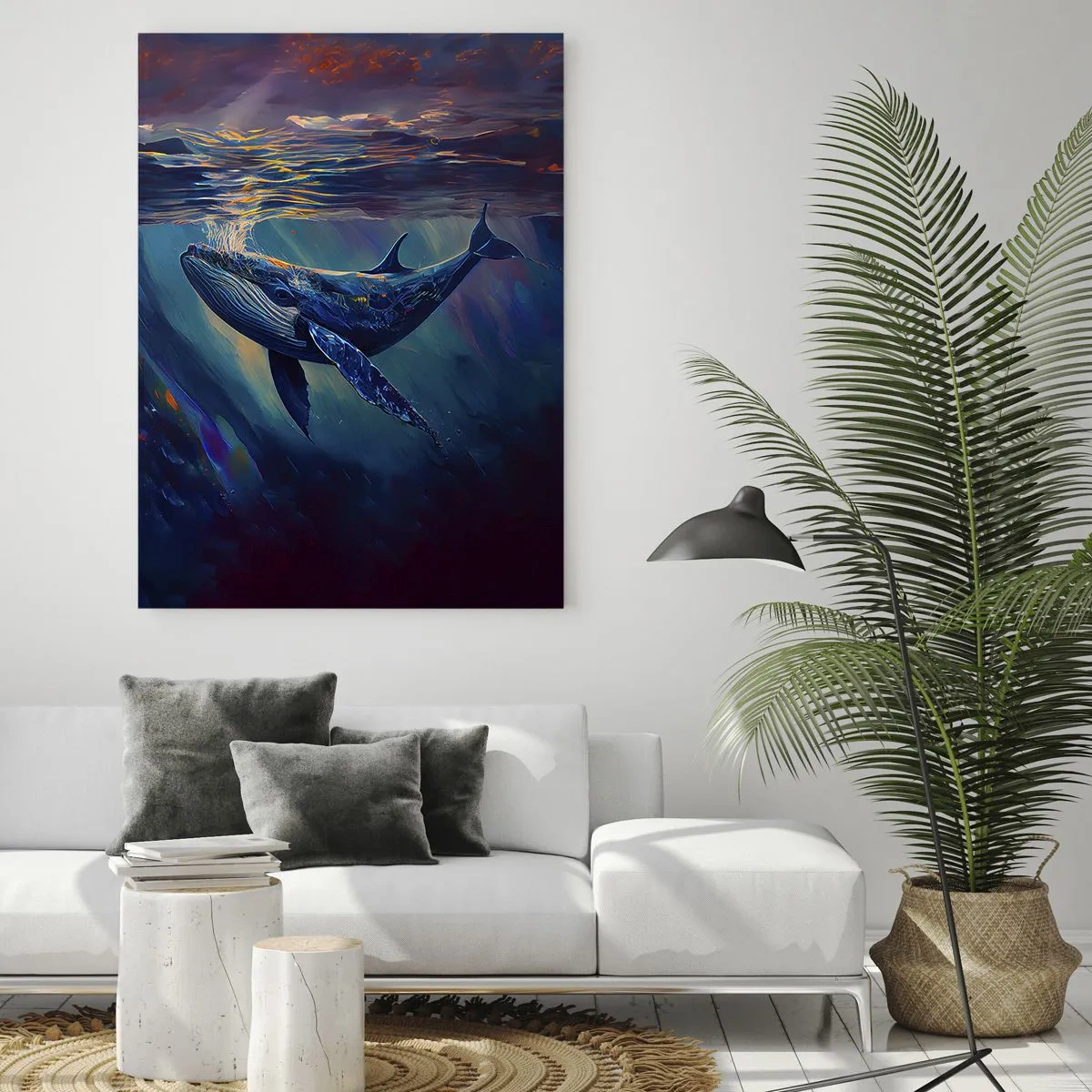 Impression sur verre - Image sur verre - Une baleine dans les profondeurs de l'océan aux couleurs lumineuses - 80x120cm - Bienvenue dans mon monde - Décoration murale moderne pour le salon et la chambre ARTTOR