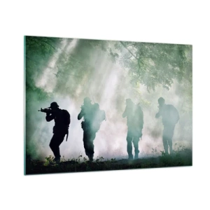 Impression sur verre - Image sur verre - Un groupe de soldats en fumée, marchant dans la forêt, en état d'alerte maximale - 100x70cm - Un pour tous… - Décoration murale moderne pour le salon et la chambre ARTTOR
