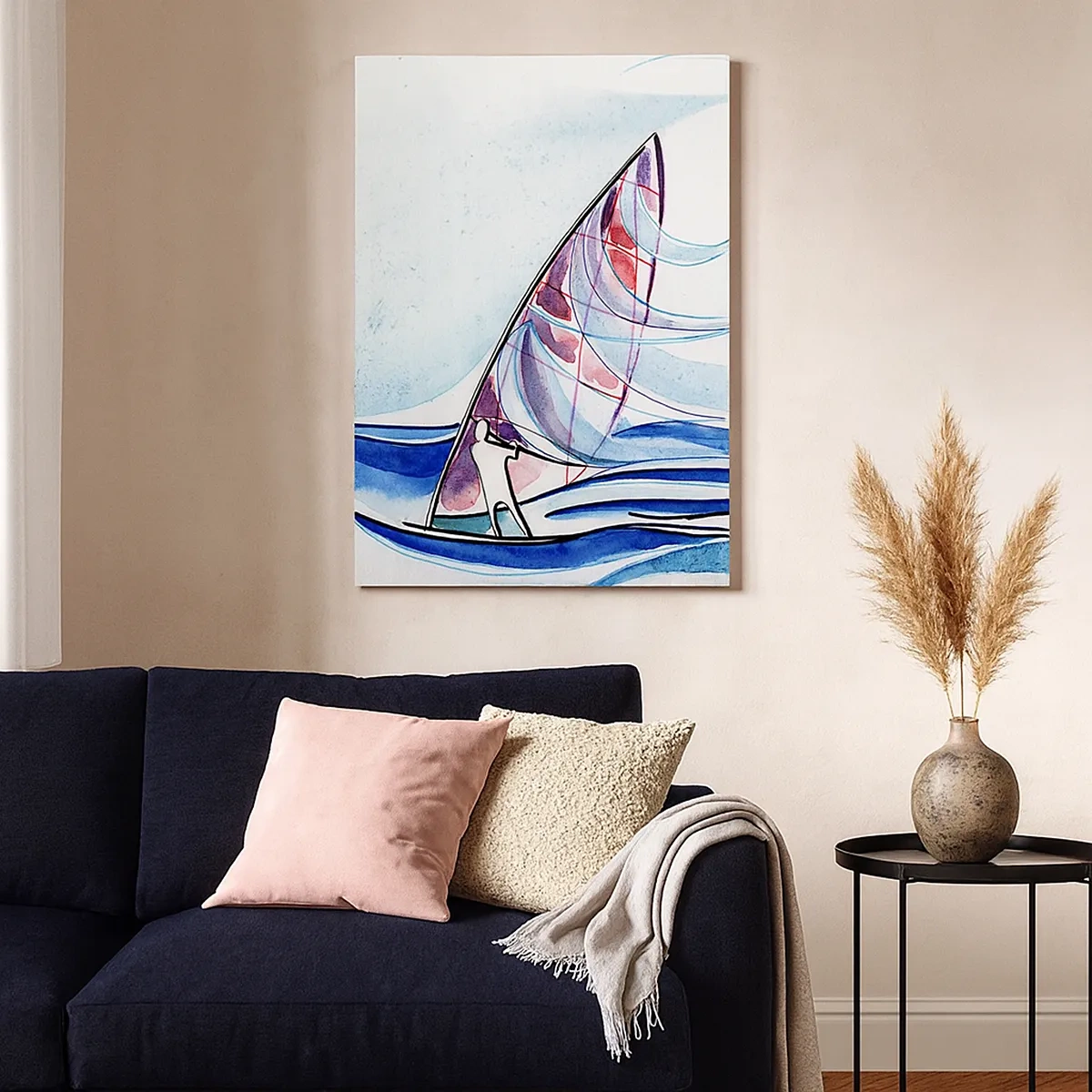 Impression sur toile - Image sur toile - Un surfeur chevauchant les vagues dans une composition abstraite à l'aquarelle - 50x70cm - Avec le vent au rythme des vagues - Décoration murale moderne pour le salon et la chambre ARTTOR