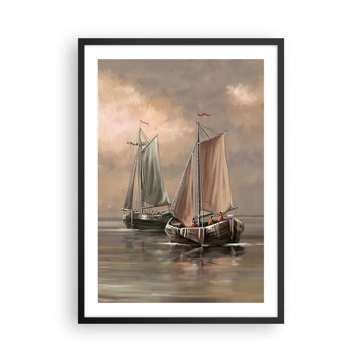 Affiche dans un cadre noir - Poster - Voiliers sur une mer calme aux couleurs pastel - 50x70cm - Le retour des marins - Décoration murale moderne pour le salon et la chambre ARTTOR